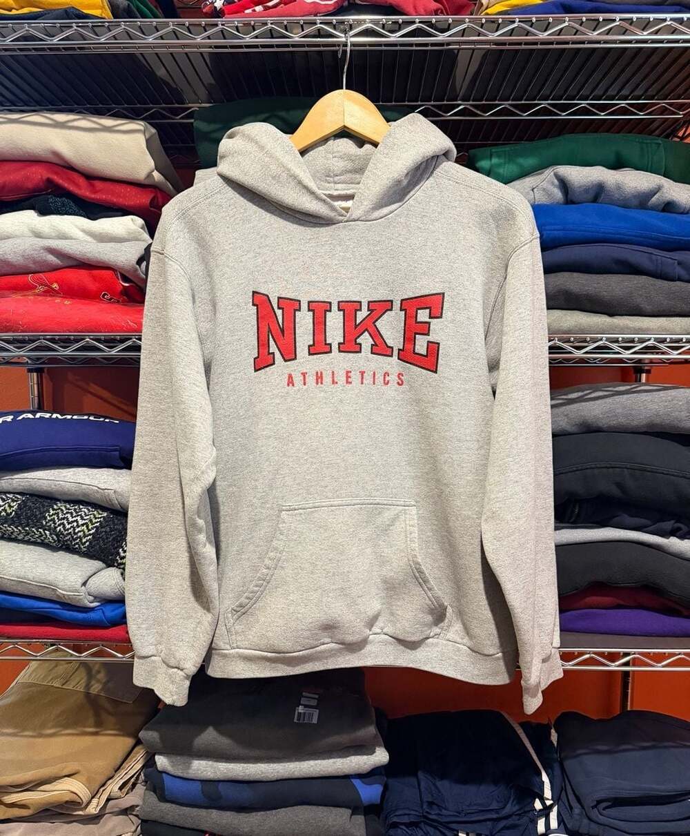 Vintage 90s Nike Athletics Grey Pullover Hoodie Sweatshirt Mens XL